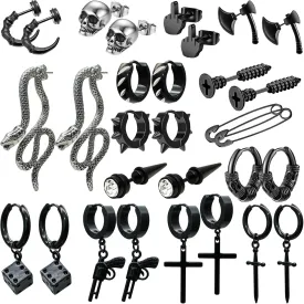 15 Pairs Y2K Gothic Punk Earrings - Black Stainless Steel with Cross Skull Snake Axe Screw Cone Middle Finger Paper Clip, Men & Women's Jewelry
