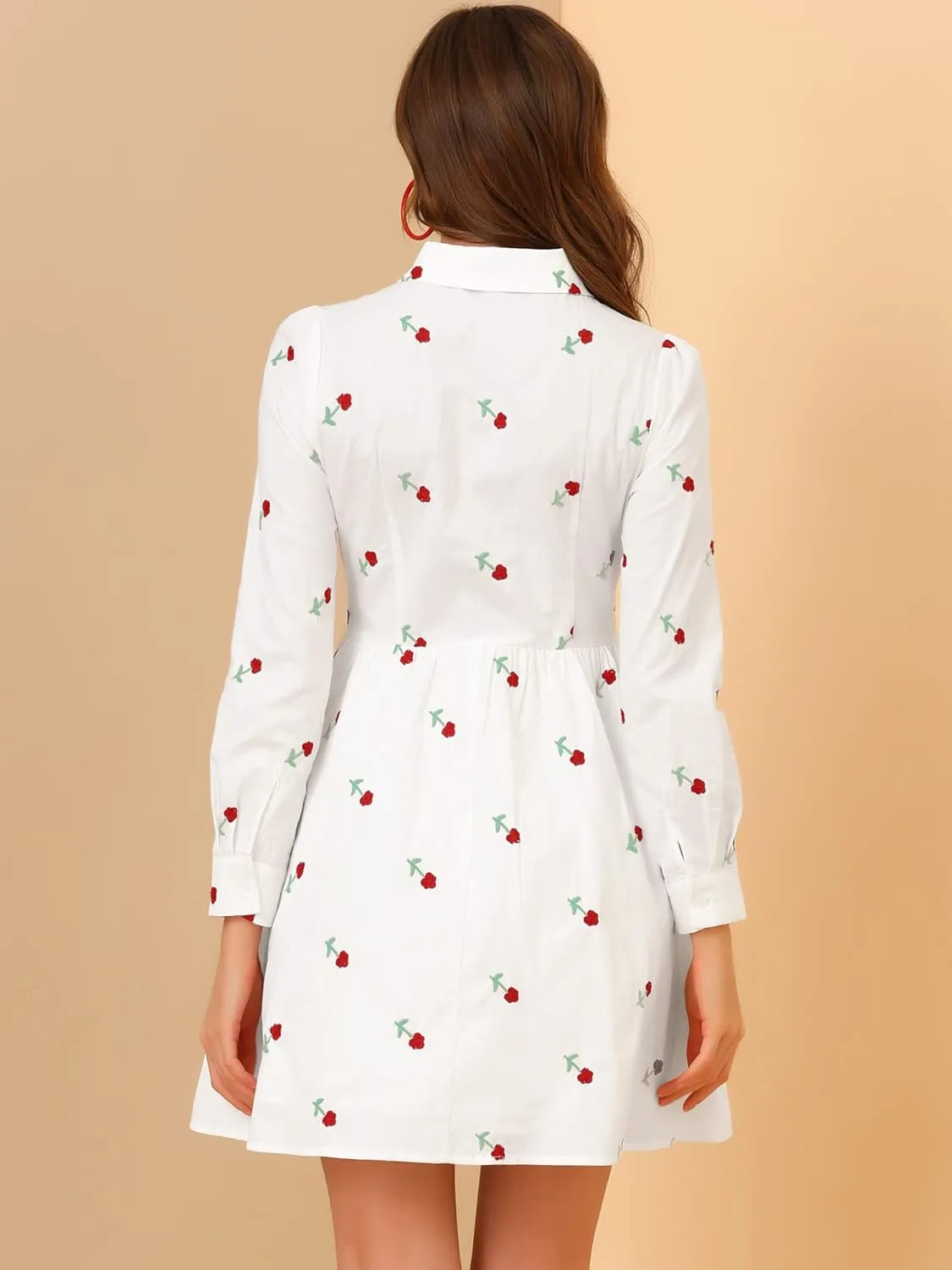 Allegra K Women's Casual Shirt Dress Long Sleeve Half Placket Embroidered Floral Mini Dresses