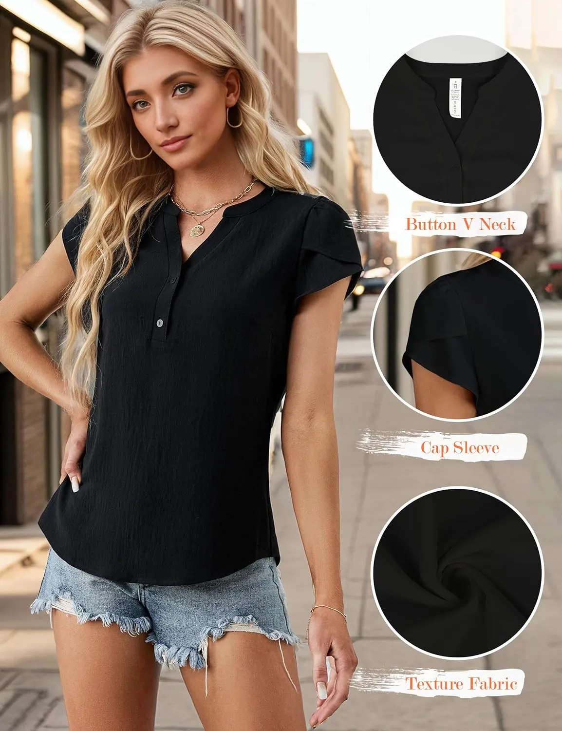 Blooming Jelly Womens Dressy Casual Tops Business Casual Cap Sleeve Work Blouses Chiffon V Neck Button Down Shirts