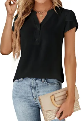 Blooming Jelly Womens Dressy Casual Tops Business Casual Cap Sleeve Work Blouses Chiffon V Neck Button Down Shirts