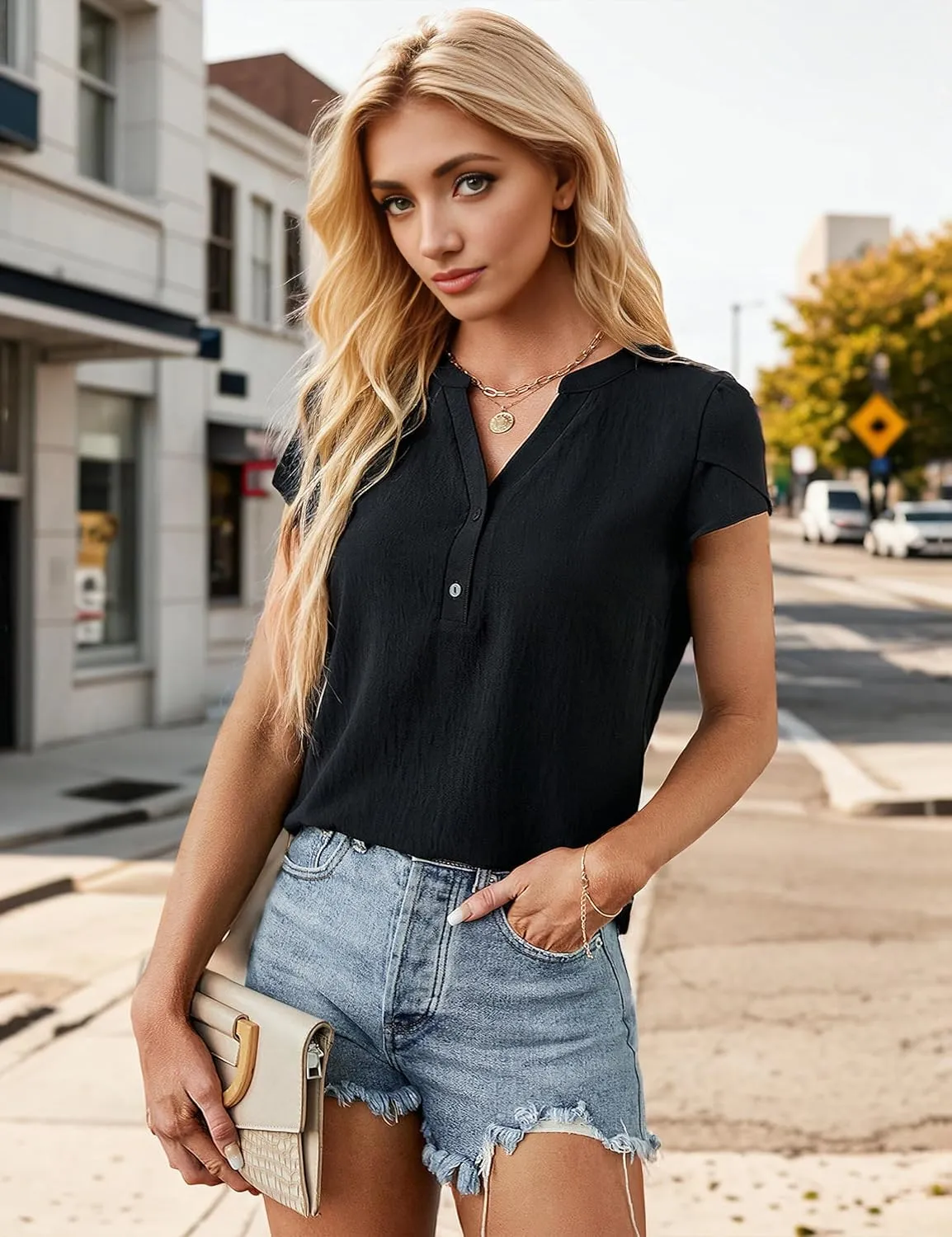 Blooming Jelly Womens Dressy Casual Tops Business Casual Cap Sleeve Work Blouses Chiffon V Neck Button Down Shirts