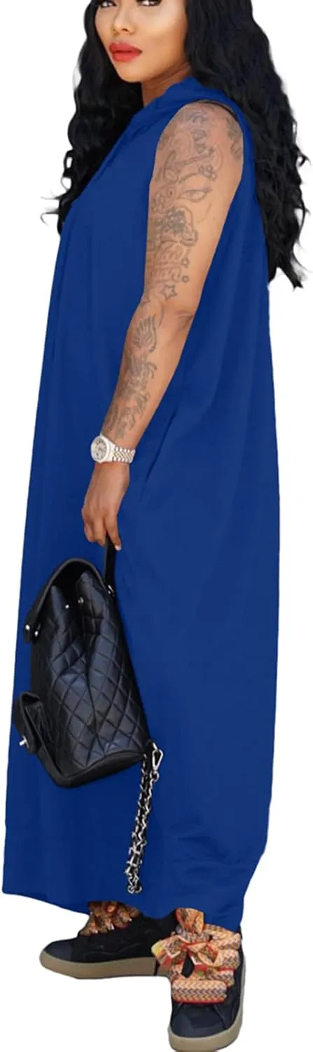 Bluewolfsea Women Casual Loose Fit Sleeveless Pullover Maxi Hoodie Dress with Pockets Side Slit Tshirt Maxi Dress