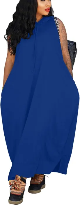 Bluewolfsea Women Casual Loose Fit Sleeveless Pullover Maxi Hoodie Dress with Pockets Side Slit Tshirt Maxi Dress
