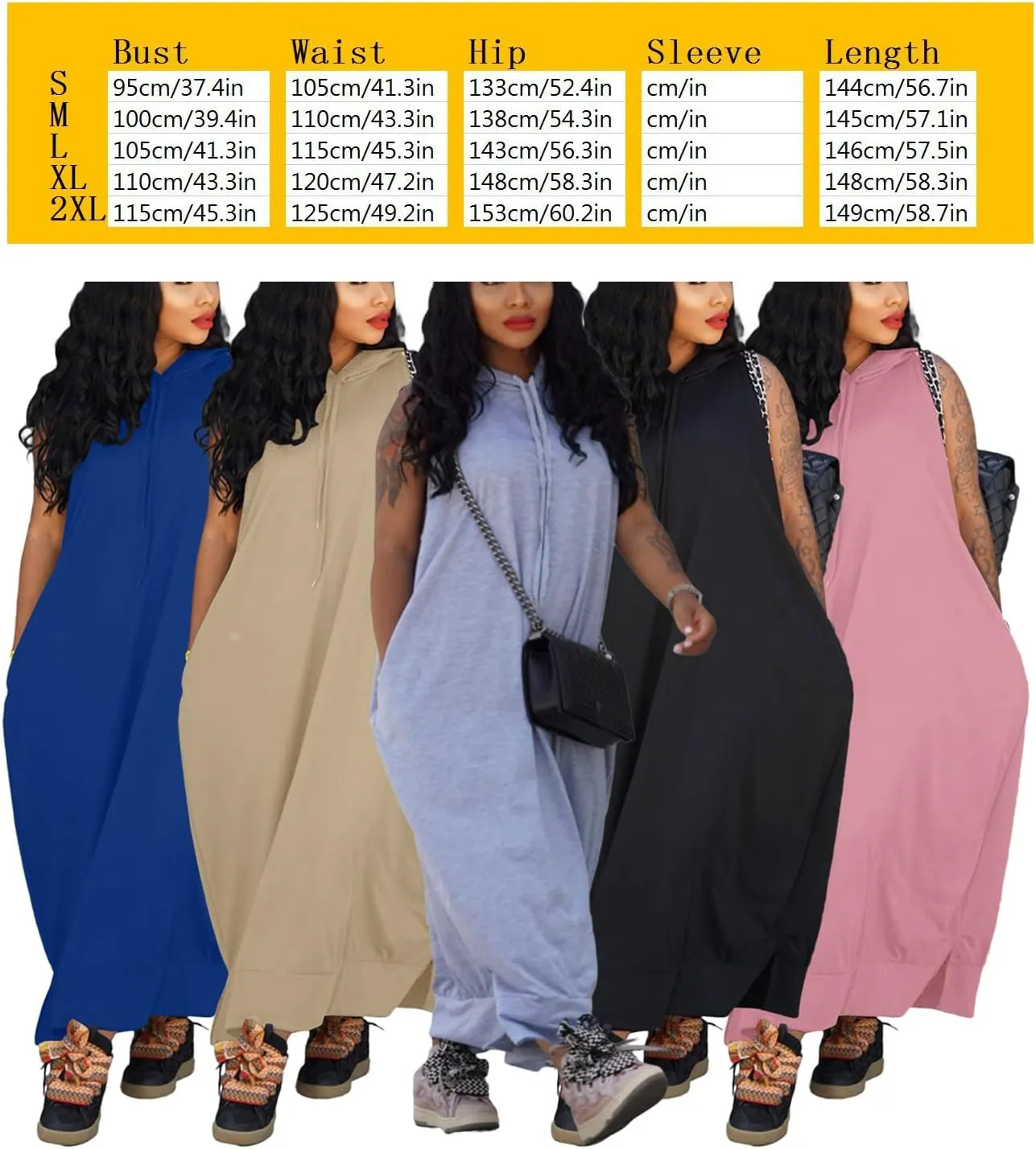 Bluewolfsea Women Casual Loose Fit Sleeveless Pullover Maxi Hoodie Dress with Pockets Side Slit Tshirt Maxi Dress