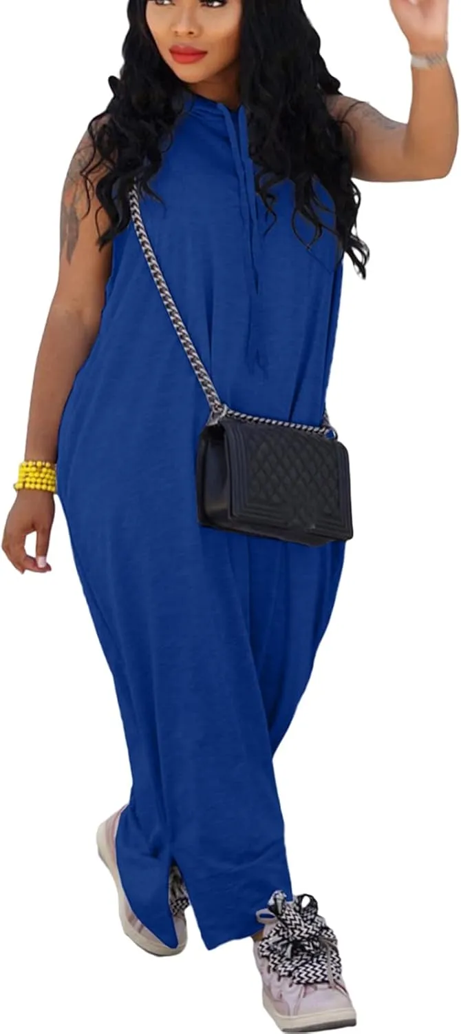 Bluewolfsea Women Casual Loose Fit Sleeveless Pullover Maxi Hoodie Dress with Pockets Side Slit Tshirt Maxi Dress