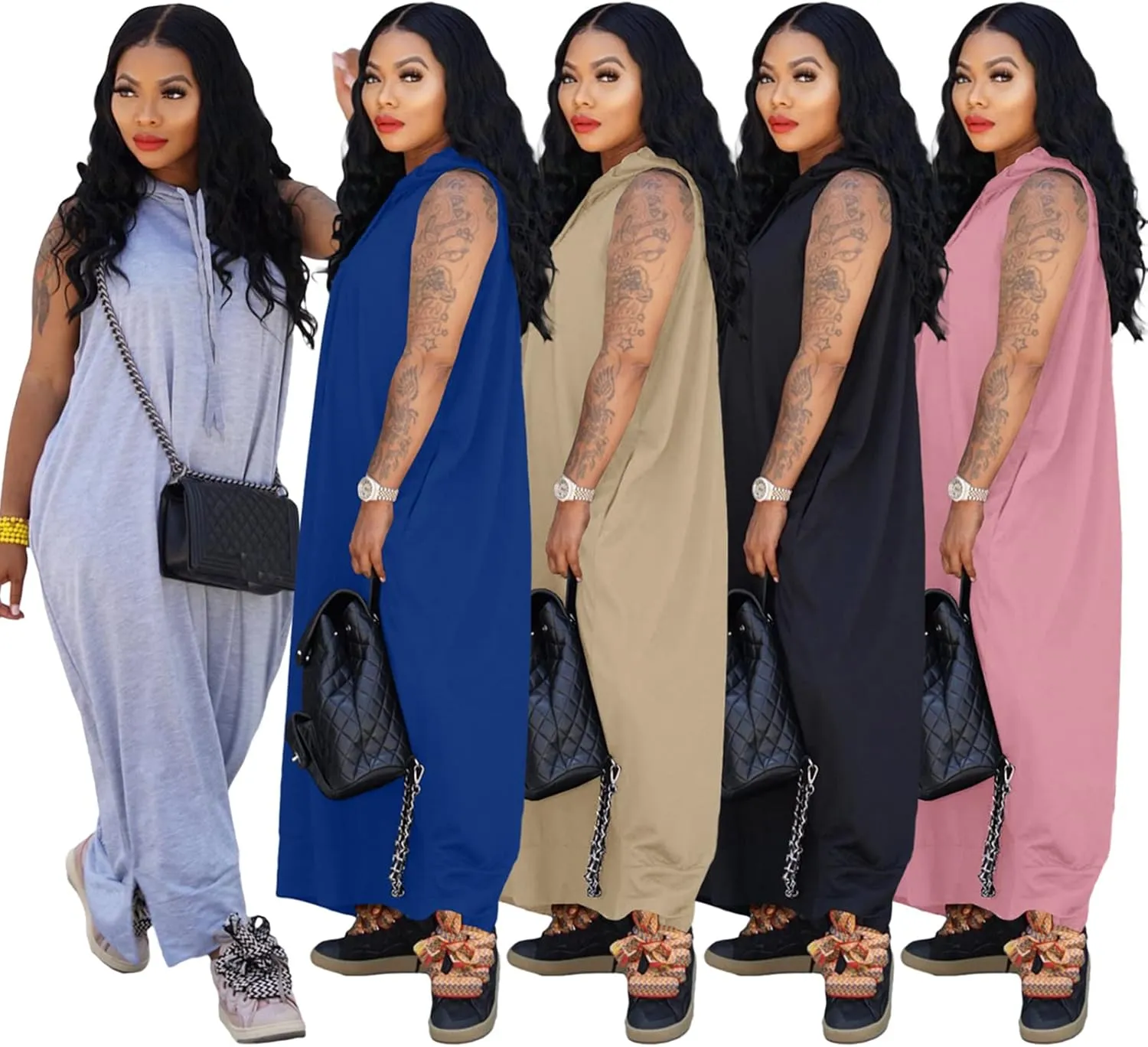 Bluewolfsea Women Casual Loose Fit Sleeveless Pullover Maxi Hoodie Dress with Pockets Side Slit Tshirt Maxi Dress