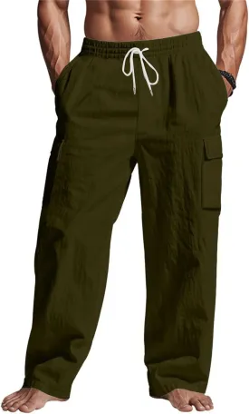 Cargo Linen Pants Men Drawstring Elastic Waist Baggy Summer Pants Lightweight Beach Yoga Lounge Pant with Pockets