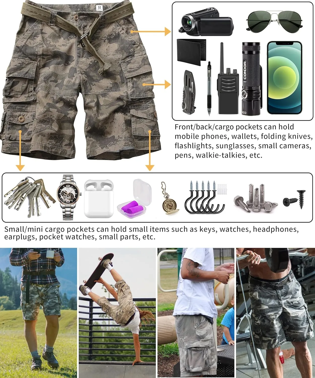 Cargo Short for Men Relaxed Fit Camo Outdoor Hiking Work Cotton Casual Shorts with 9 Pockets No Belt