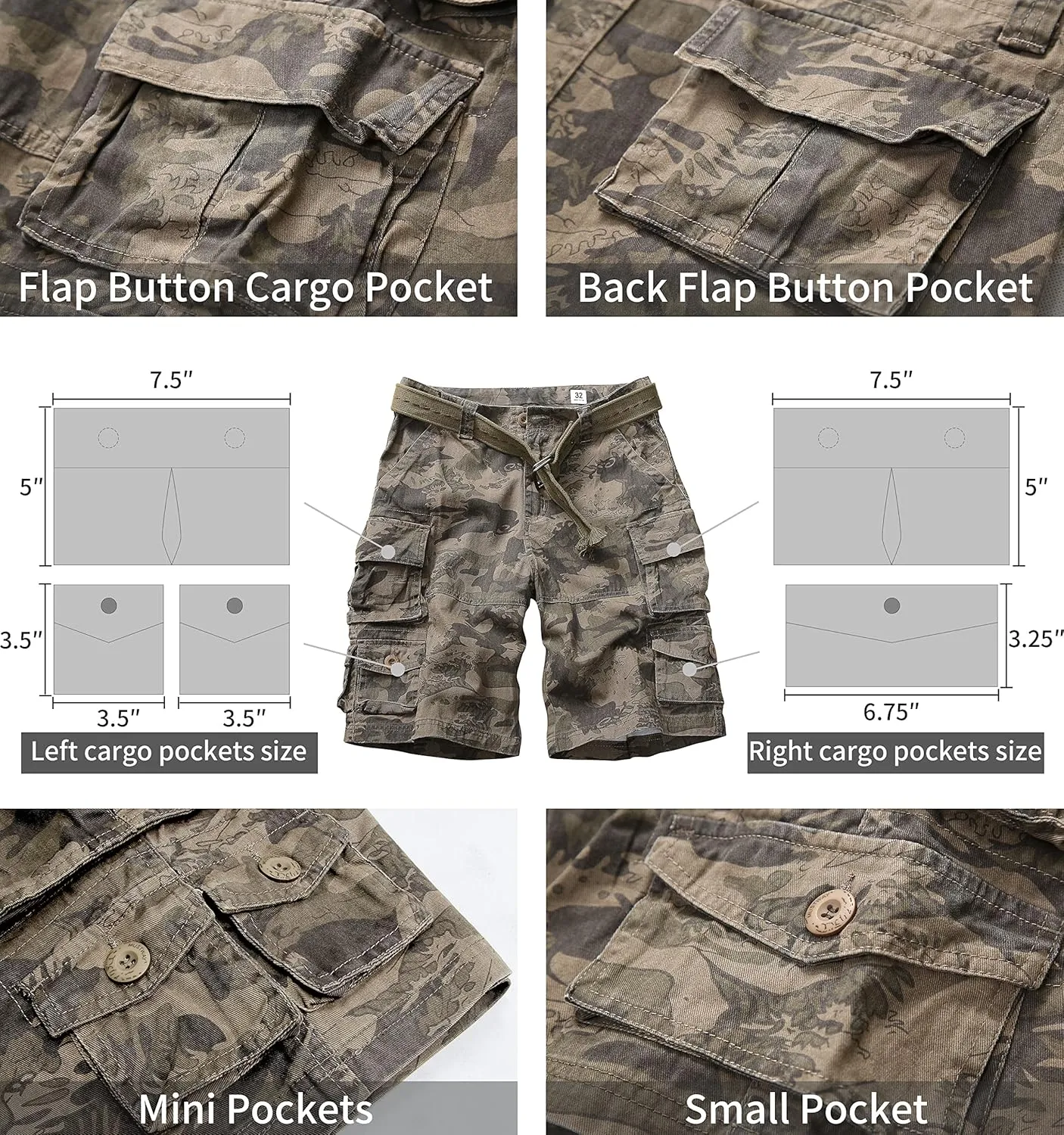 Cargo Short for Men Relaxed Fit Camo Outdoor Hiking Work Cotton Casual Shorts with 9 Pockets No Belt