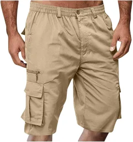 Cargo Shorts for Men Summer Work Hiking Pants Elastic Waist Knee Length Big and Tall Bermuda Shorts with Pockets