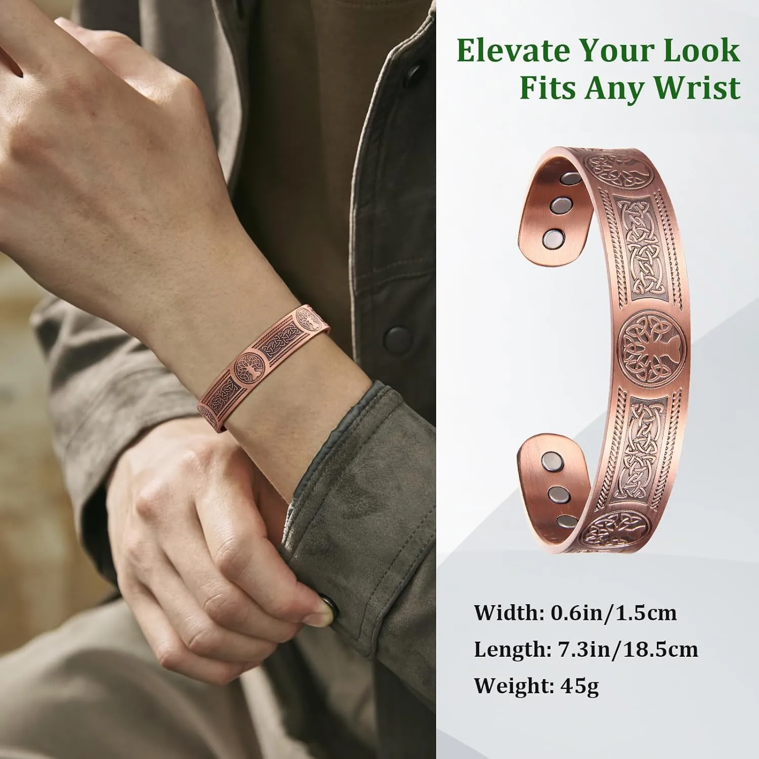Copper Bracelet for Men, 99.99% Pure Copper Cuff Bangle, 3500 Gauss Magnetic, Tree of Life Bracelet, 7.3 Inch Birthday Gift
