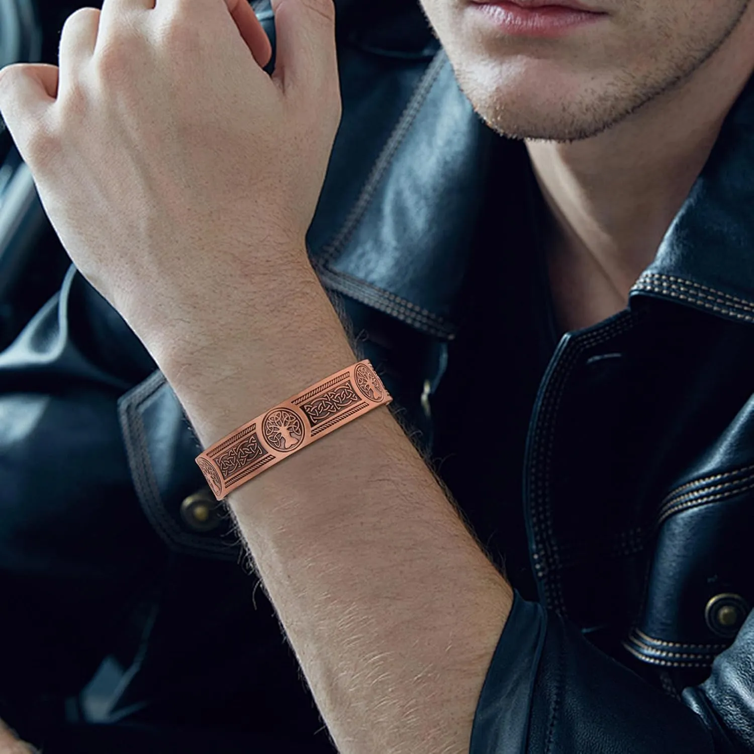 Copper Bracelet for Men, 99.99% Pure Copper Cuff Bangle, 3500 Gauss Magnetic, Tree of Life Bracelet, 7.3 Inch Birthday Gift