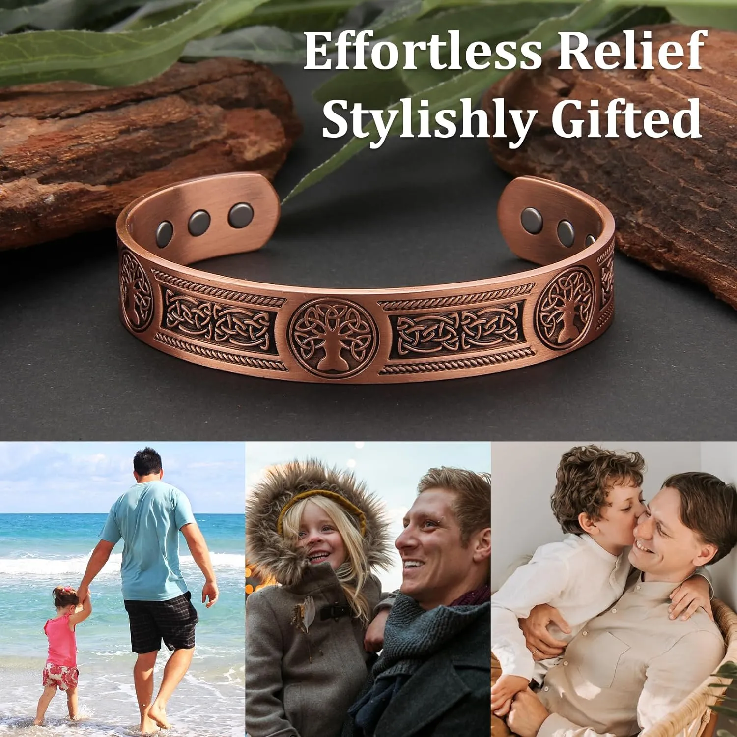 Copper Bracelet for Men, 99.99% Pure Copper Cuff Bangle, 3500 Gauss Magnetic, Tree of Life Bracelet, 7.3 Inch Birthday Gift