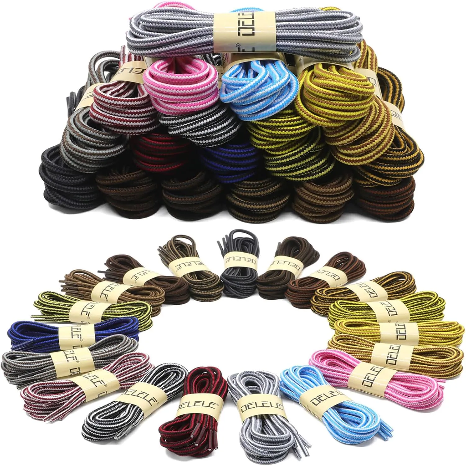 DELELE 2 Pair Round Boot Laces Outdoor Hiking Walking Shoelaces Dual Coloured Striped Shoe Lace Work Shoe Strings
