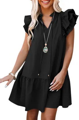 Dokotoo Womens Summer Dresses 2025 V-Neck Drawstring Ruffle Cap Short Sleeve Side Pockets Mini Dress Sundress