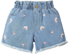 Floerns Girl's Ripped Raw Hem Elastic Waist Straight Leg Denim Shorts with Pockets