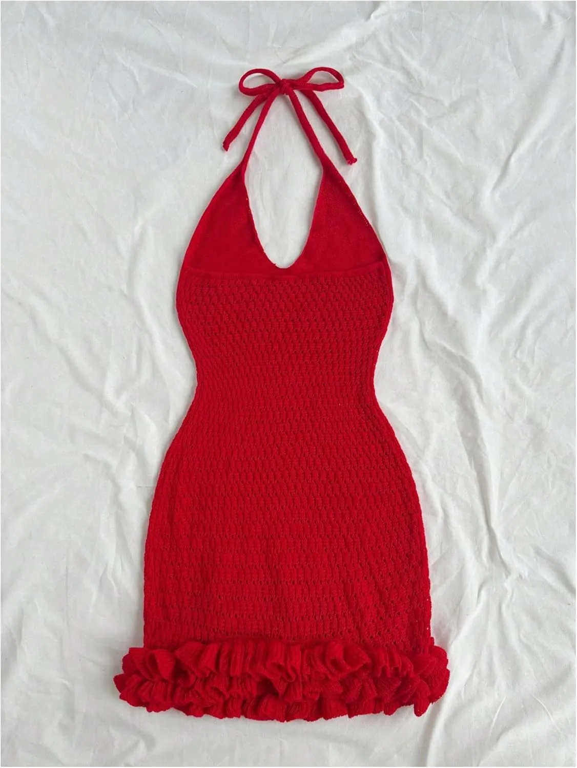 GORGLITTER Women's Crochet Halter Bubble Mini Dress Bow Backless Summer Bodycon Knit Dress Vacation Festival Outfits