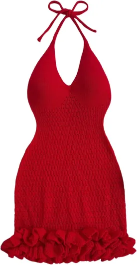GORGLITTER Women's Crochet Halter Bubble Mini Dress Bow Backless Summer Bodycon Knit Dress Vacation Festival Outfits