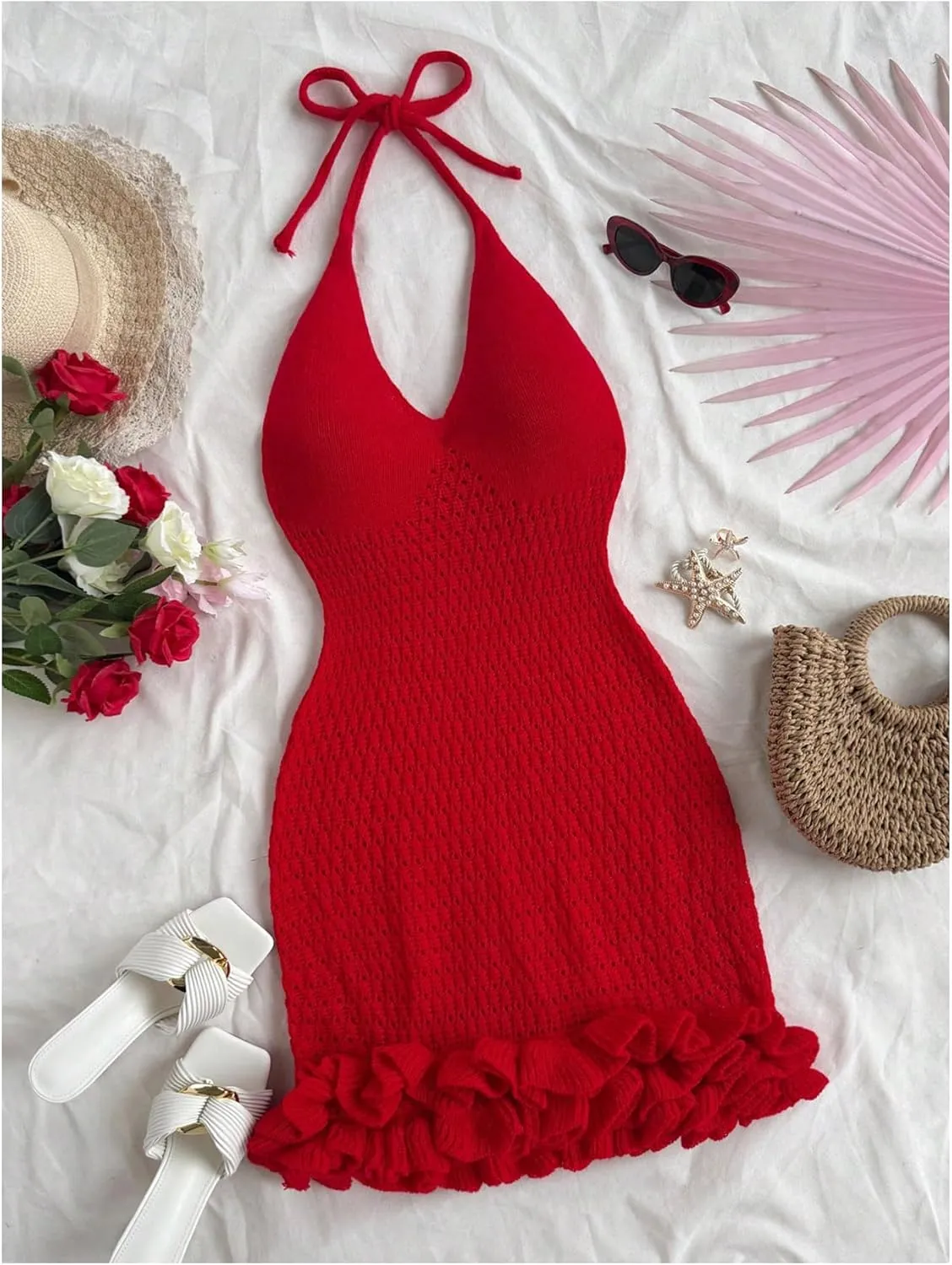 GORGLITTER Women's Crochet Halter Bubble Mini Dress Bow Backless Summer Bodycon Knit Dress Vacation Festival Outfits
