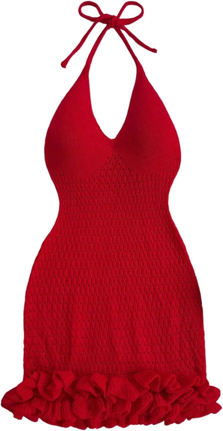 GORGLITTER Women's Crochet Halter Bubble Mini Dress Bow Backless Summer Bodycon Knit Dress Vacation Festival Outfits