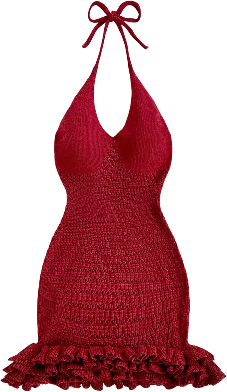 GORGLITTER Women's Crochet Halter Bubble Mini Dress Bow Backless Summer Bodycon Knit Dress Vacation Festival Outfits