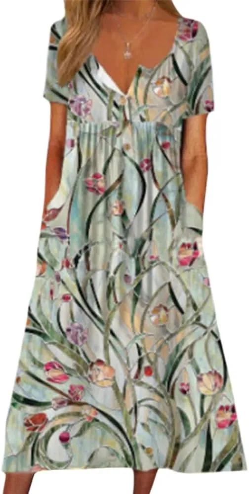 Guteidee Women's Boho Floral Long Sleeve Midi Dress Casual Loose Flowy Vacation Dresses with Pockets