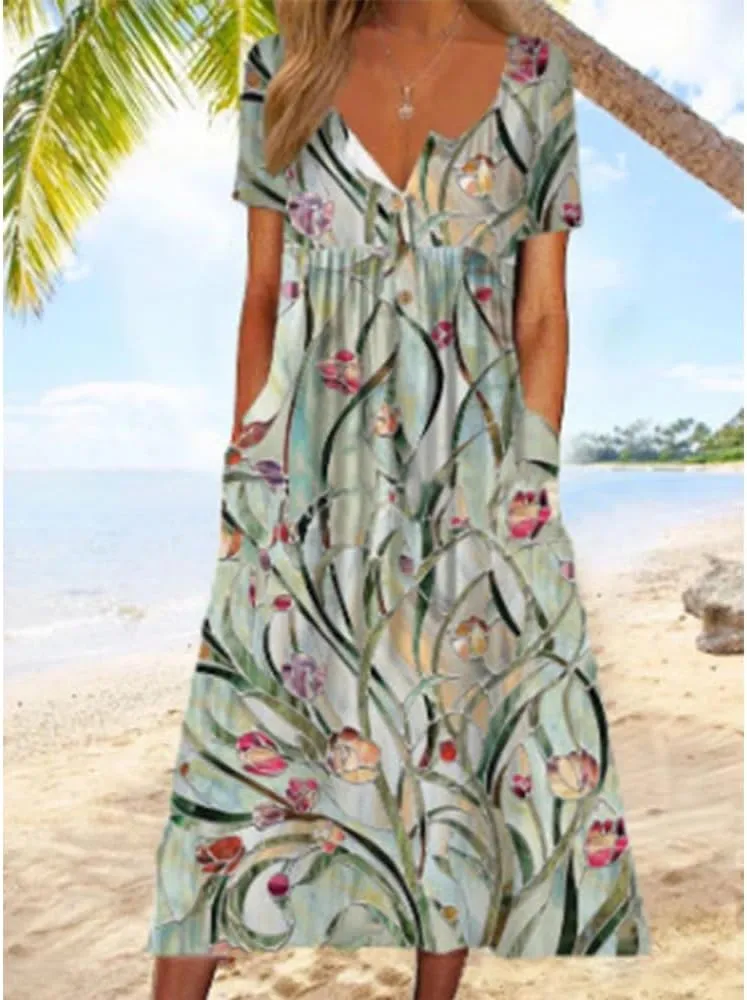 Guteidee Women's Boho Floral Long Sleeve Midi Dress Casual Loose Flowy Vacation Dresses with Pockets
