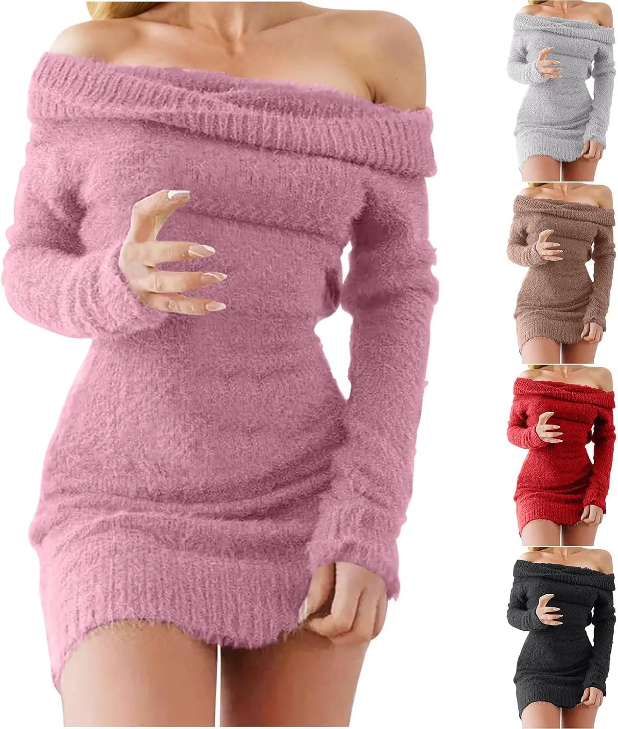 HGps8w Women's Off The Shoulder Sweater Dress Elegant Long Slleve Bodycon Mini Dress Fall Winter Fuzzy Warm Sweaters
