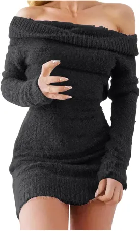 HGps8w Women's Off The Shoulder Sweater Dress Elegant Long Slleve Bodycon Mini Dress Fall Winter Fuzzy Warm Sweaters