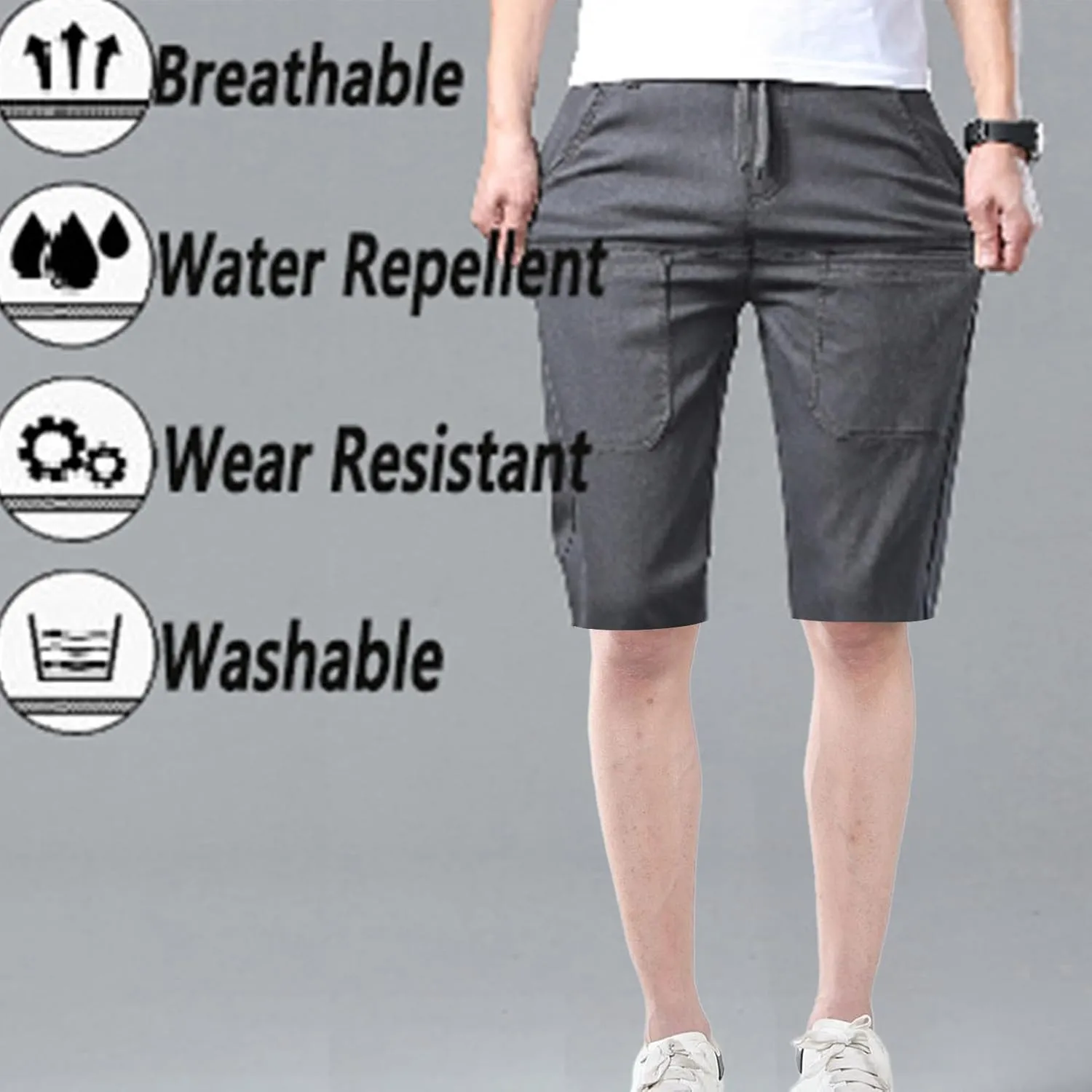 Mens Cargo Shorts Summer Casual Knee Length Stretchy Work Hiking Fishing Shorts Elastic Waist Waterproof Short Pants