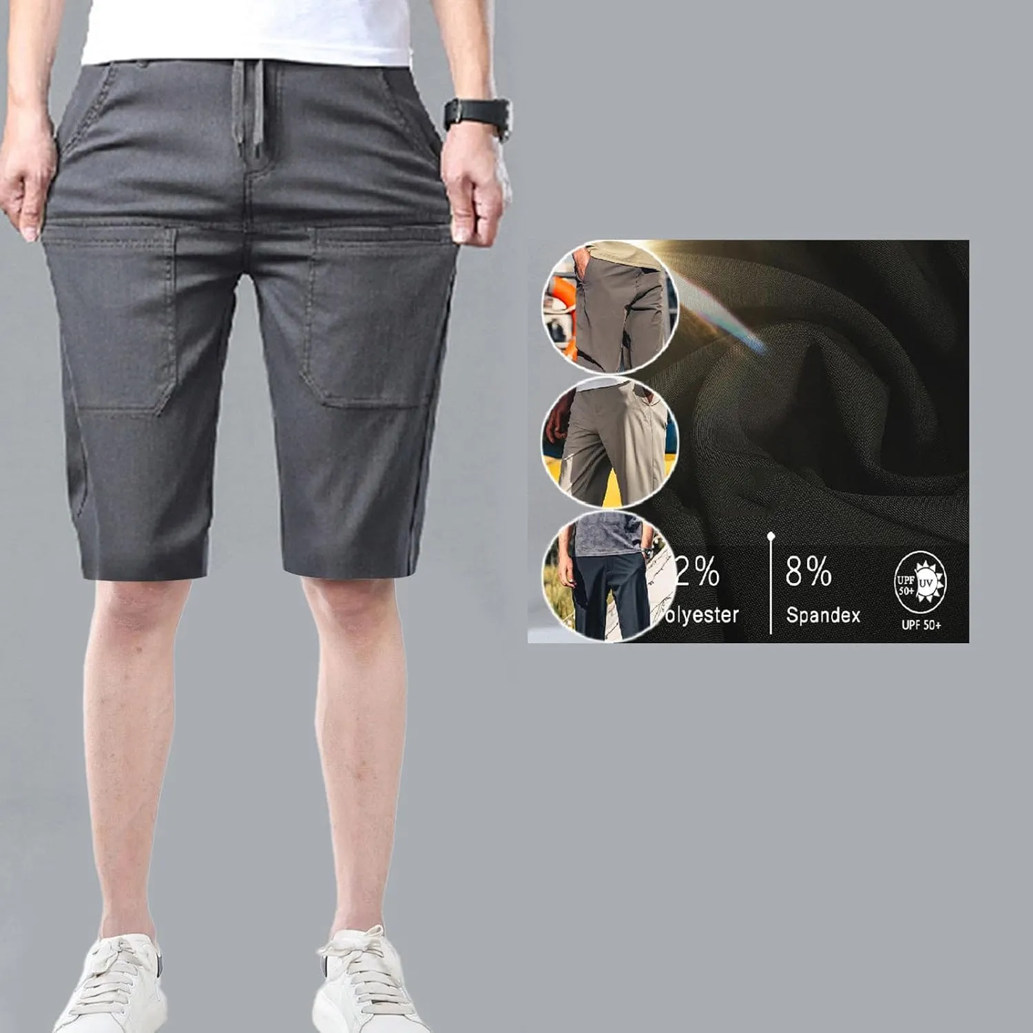 Mens Cargo Shorts Summer Casual Knee Length Stretchy Work Hiking Fishing Shorts Elastic Waist Waterproof Short Pants