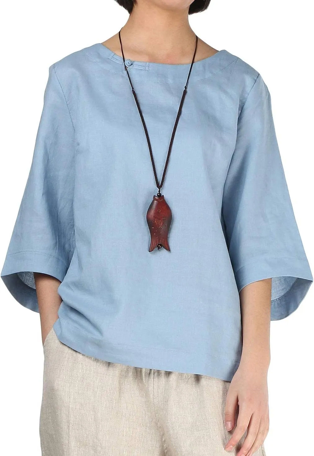 Minibee Women's Linen Blouse Round Neck 3/4 Sleeve Shirt Tops with Chinese Frog Button