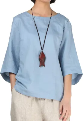 Minibee Women's Linen Blouse Round Neck 3/4 Sleeve Shirt Tops with Chinese Frog Button