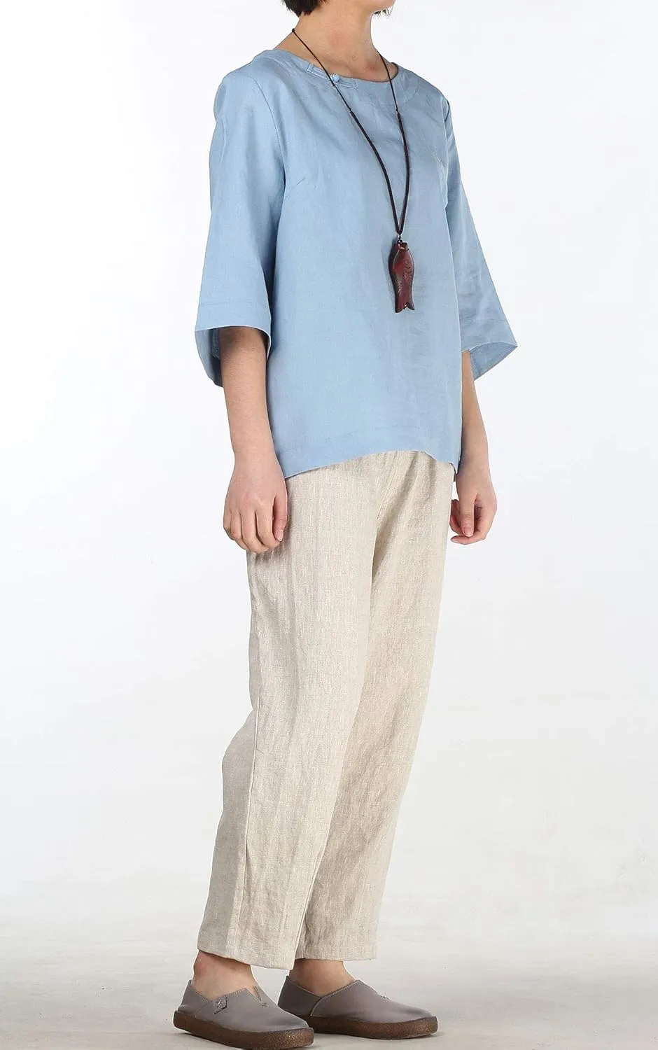 Minibee Women's Linen Blouse Round Neck 3/4 Sleeve Shirt Tops with Chinese Frog Button