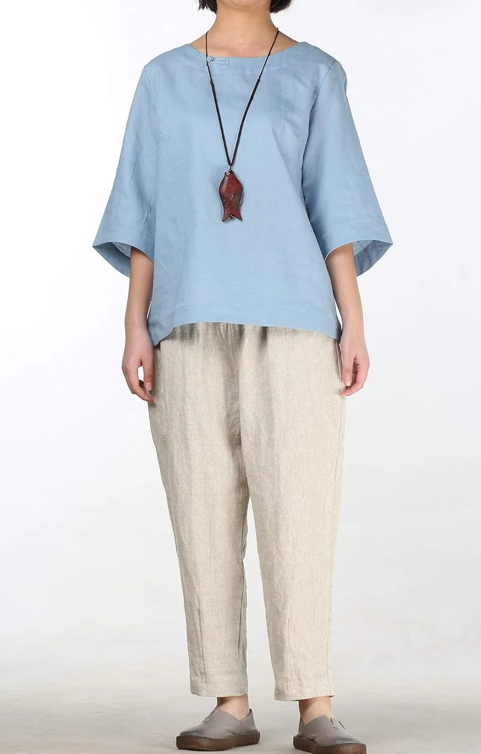 Minibee Women's Linen Blouse Round Neck 3/4 Sleeve Shirt Tops with Chinese Frog Button