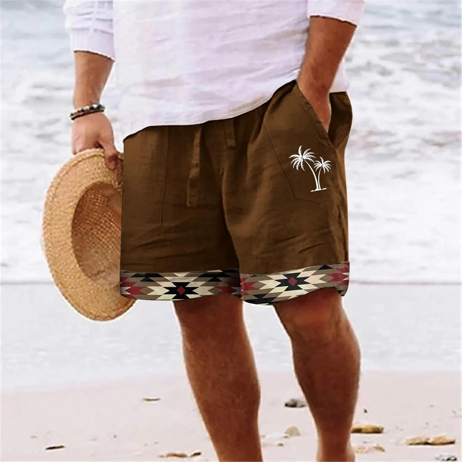 Muscularfit Men's Summer Casual Cotton Linen Shorts with Drawstring Elastic Waist, Beach Shorts with Pockets, Outdoor Fashion