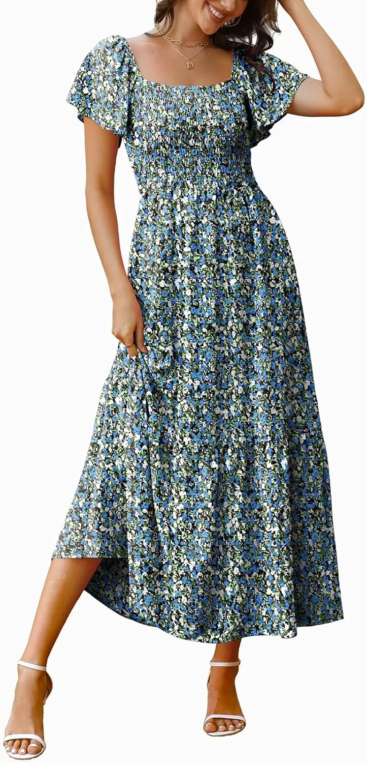 OFEEFAN Summer Dresses for Women Square Neck Ruffle Sleeve Smocked Maxi Dress with Pockets