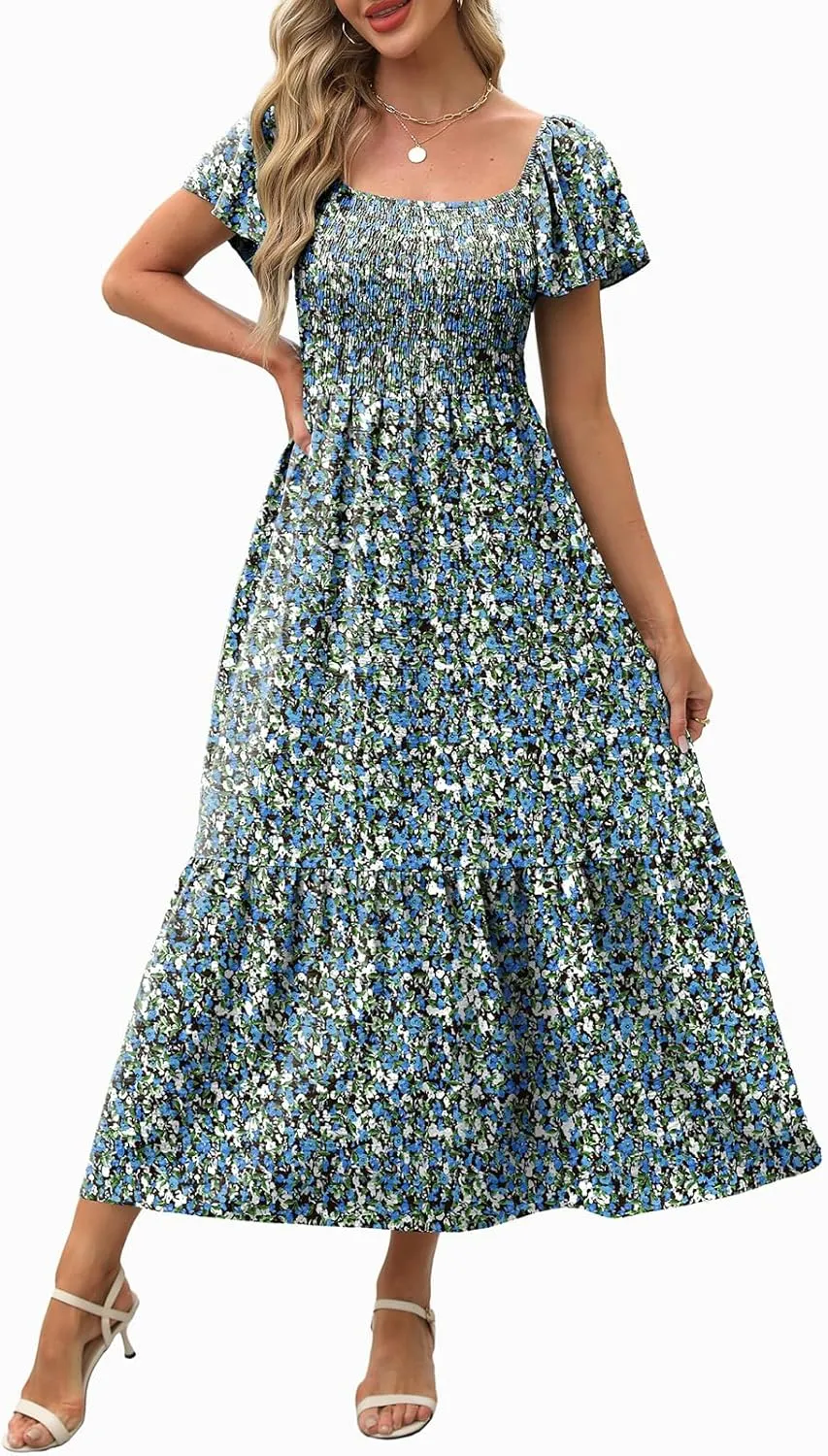 OFEEFAN Summer Dresses for Women Square Neck Ruffle Sleeve Smocked Maxi Dress with Pockets