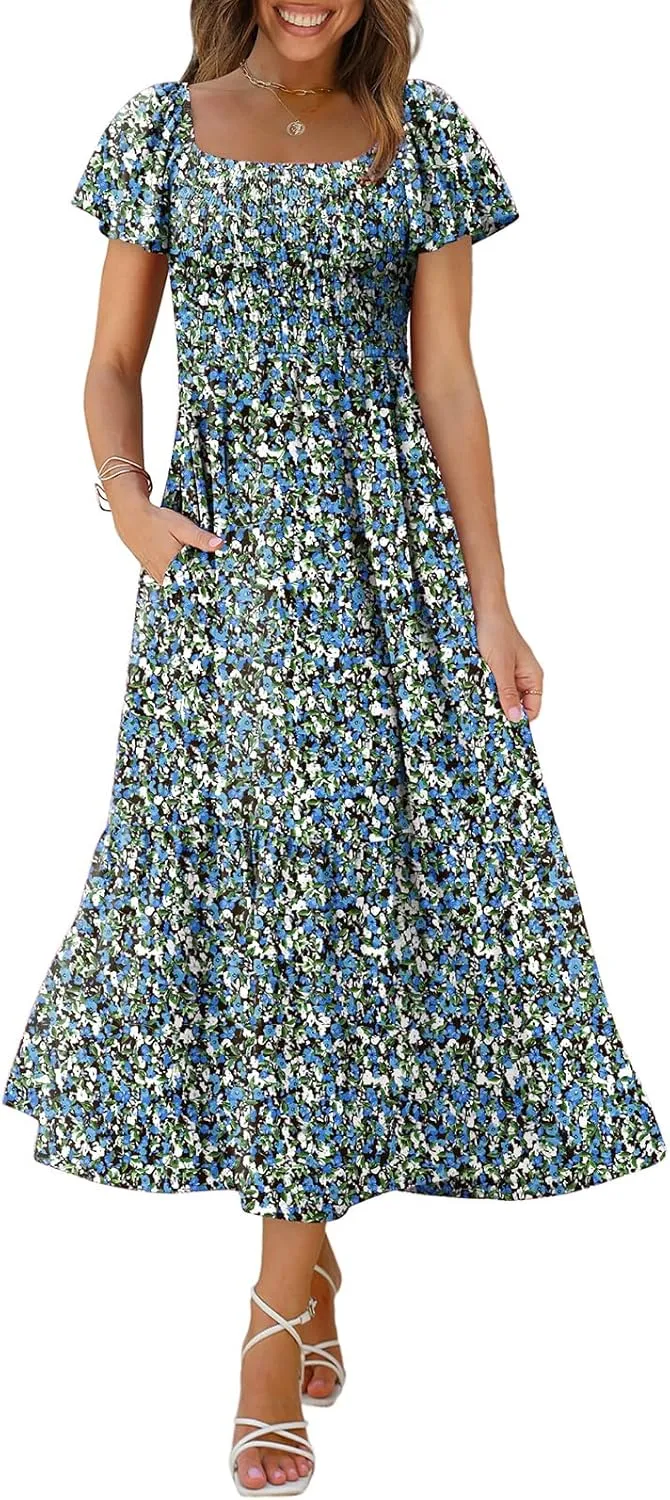 OFEEFAN Summer Dresses for Women Square Neck Ruffle Sleeve Smocked Maxi Dress with Pockets