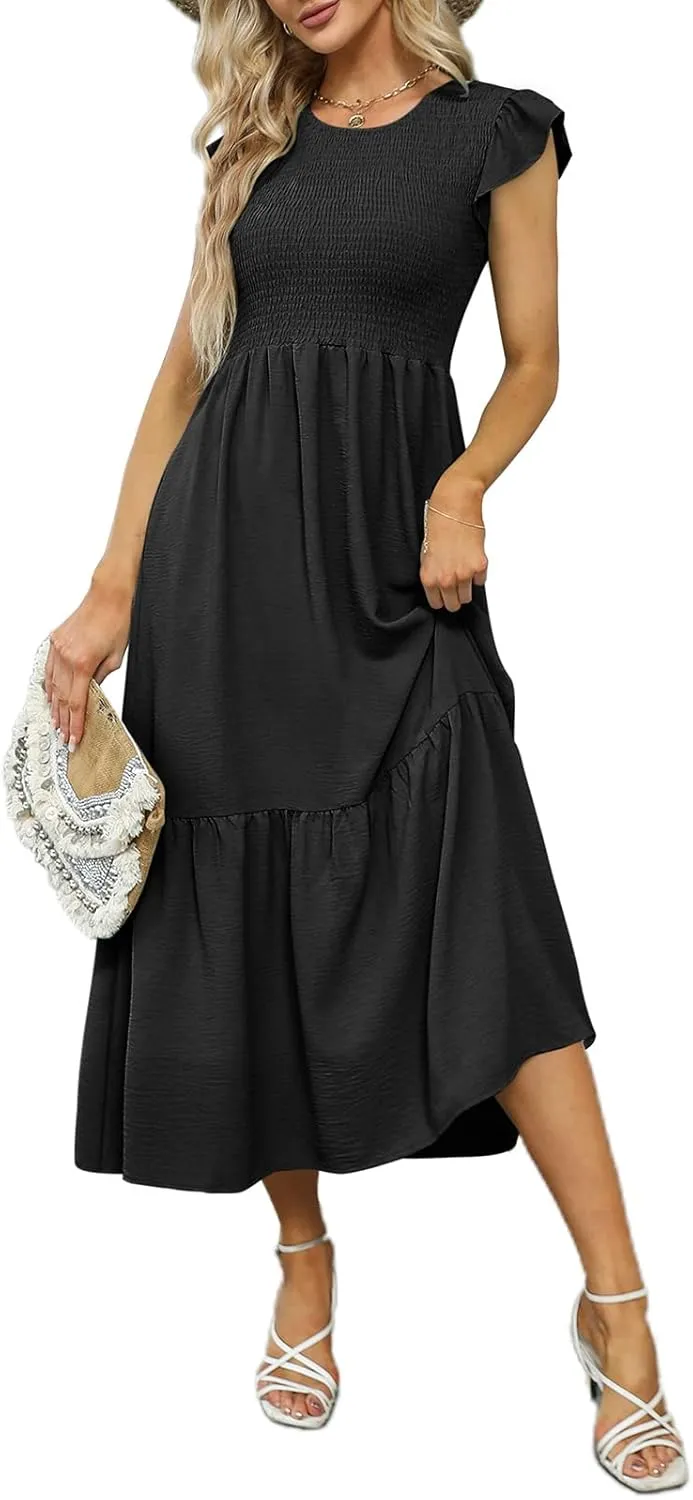 OFEEFAN Women's Casual Maxi Dresses with Pockets Ruffle Sleeve Smocked Dress XS-2XL