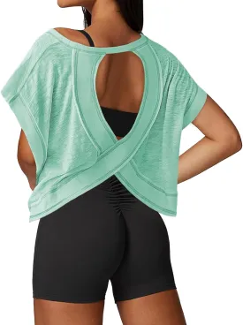 Open Back Workout Tops for Women Loose Fit Athletic Crop Tee Short Sleeve Gym Running Yoga Shirt