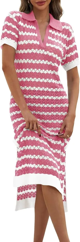 Saodimallsu Womens Striped Summer Dresses V Neck Collared Short Sleeve Loose Knit Slit Midi Sweater Dress