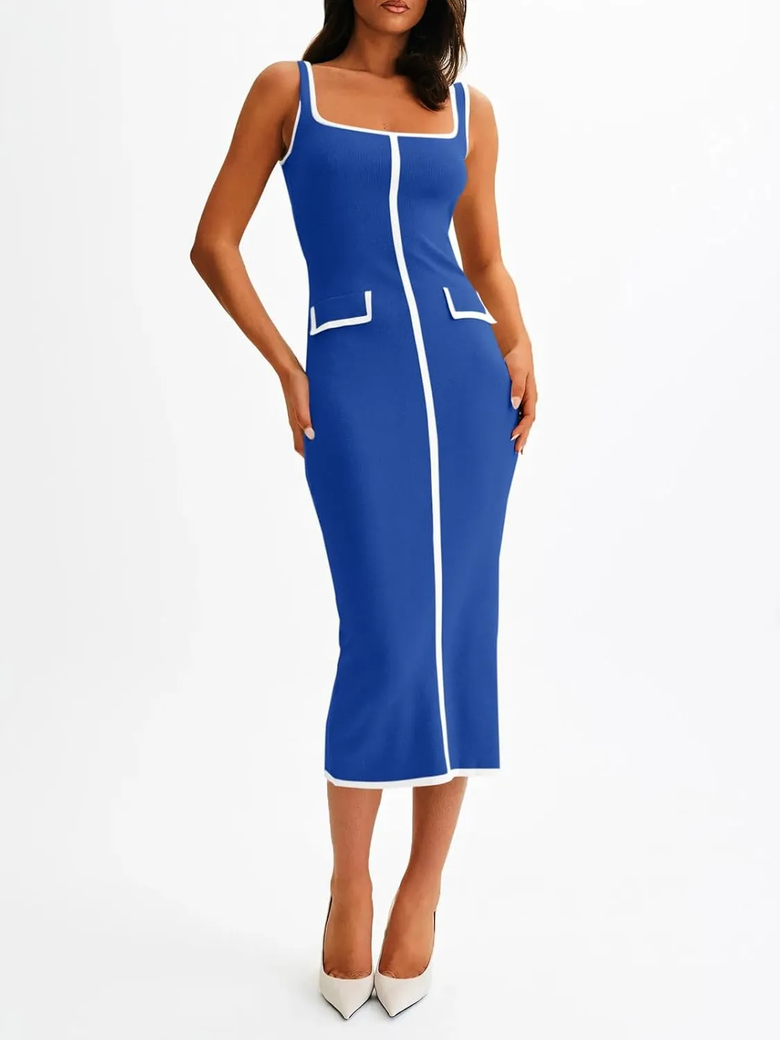 Saodimallsu Womens Summer Sleeveless Midi Dress Square Neck Knit Cocktail Bodycon Color Block Tank Dresses