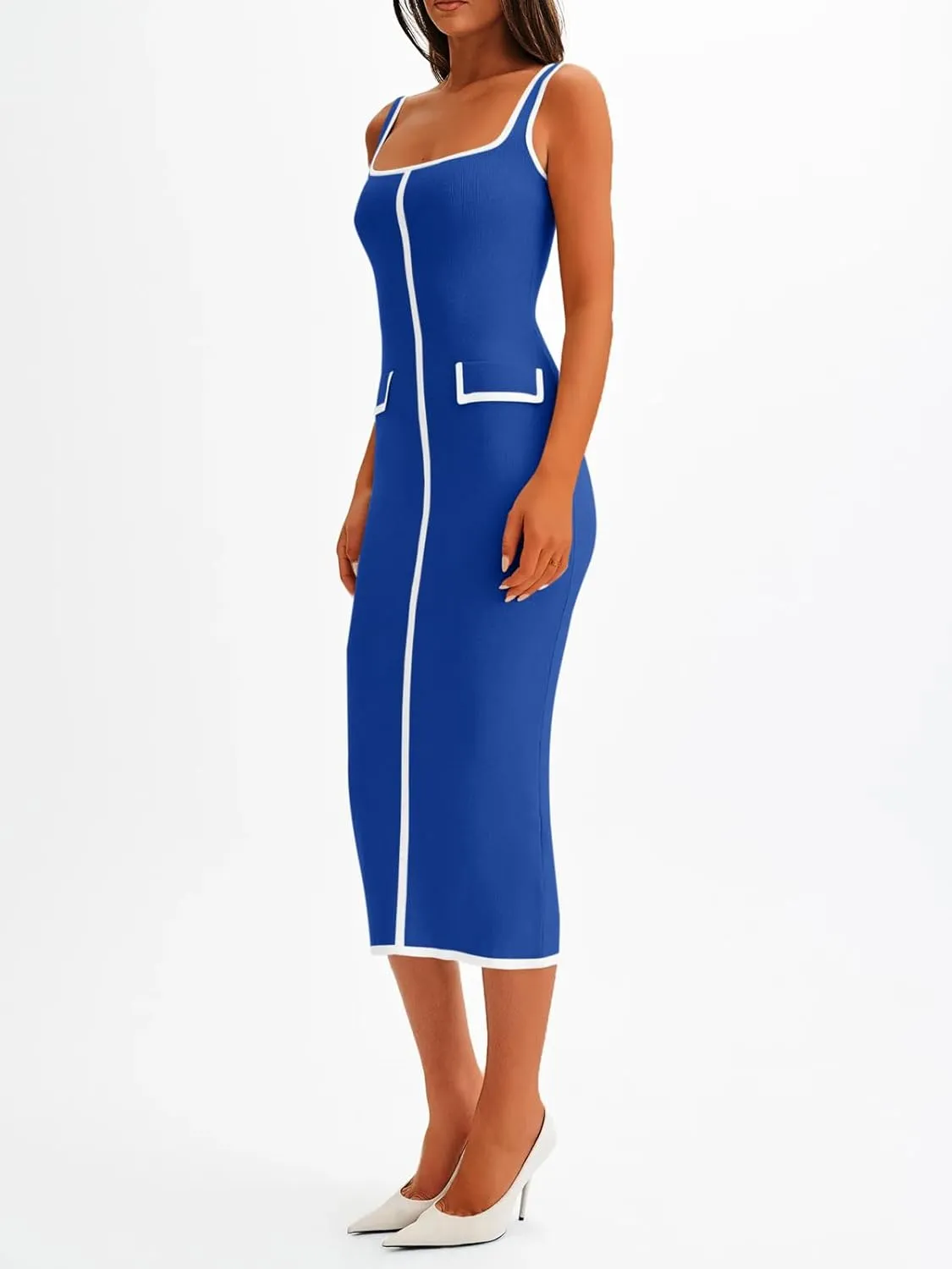 Saodimallsu Womens Summer Sleeveless Midi Dress Square Neck Knit Cocktail Bodycon Color Block Tank Dresses