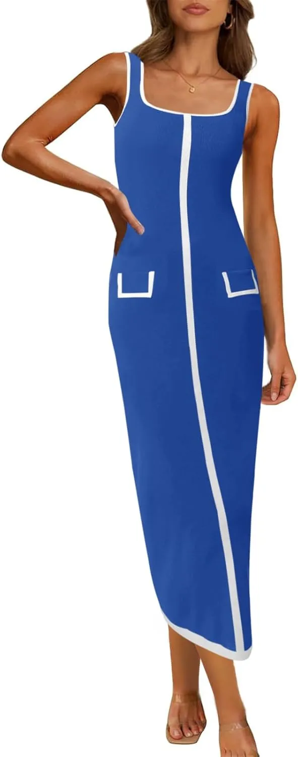 Saodimallsu Womens Summer Sleeveless Midi Dress Square Neck Knit Cocktail Bodycon Color Block Tank Dresses