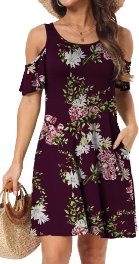 Short/Long Sleeve Women's Cold Shoulder Dress with Pockets Casual Swing T-Shirt Dresses