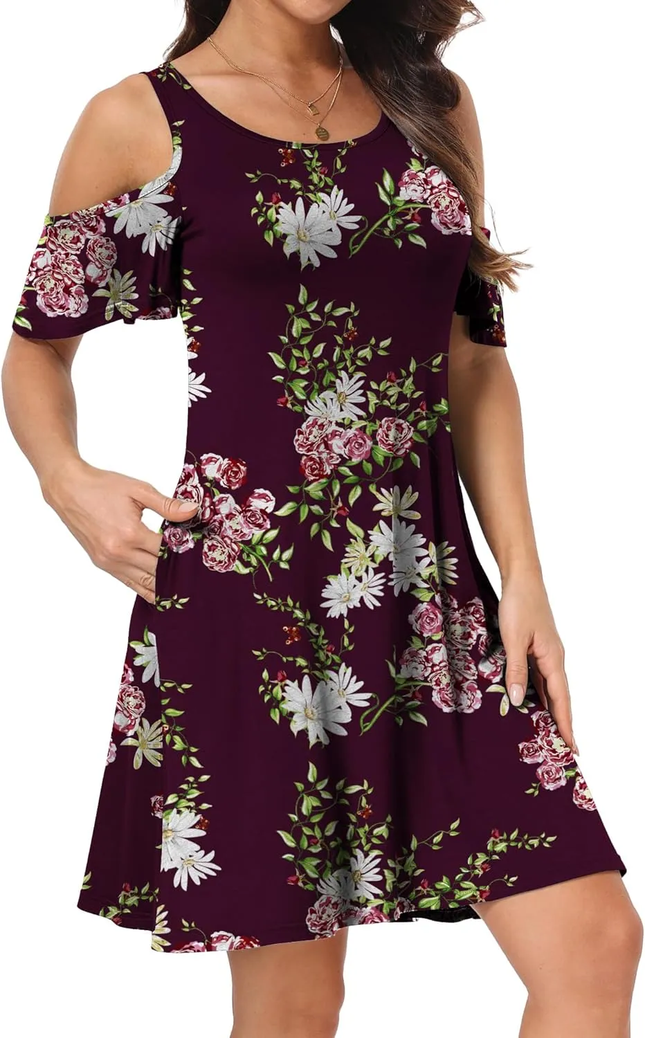 Short/Long Sleeve Women's Cold Shoulder Dress with Pockets Casual Swing T-Shirt Dresses