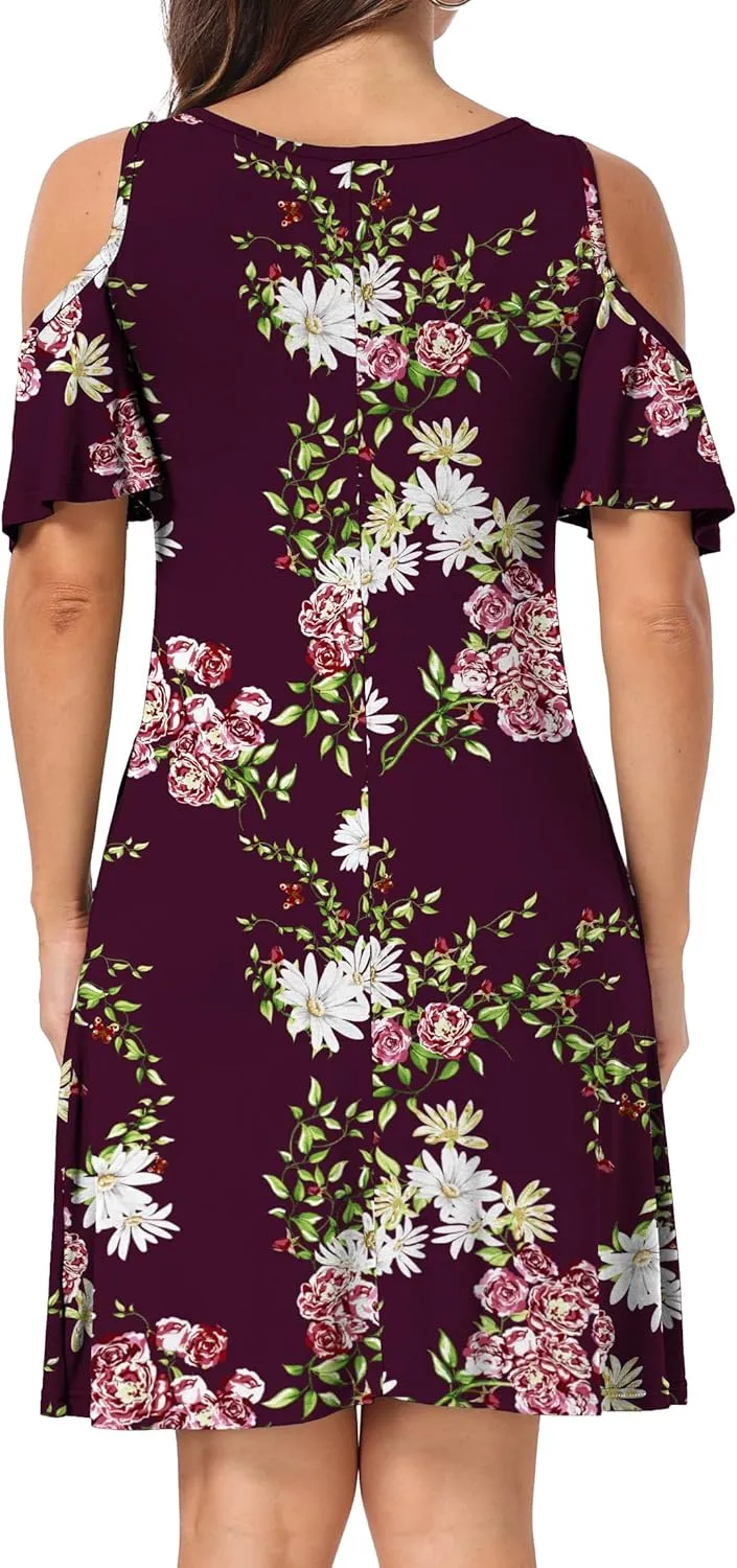 Short/Long Sleeve Women's Cold Shoulder Dress with Pockets Casual Swing T-Shirt Dresses