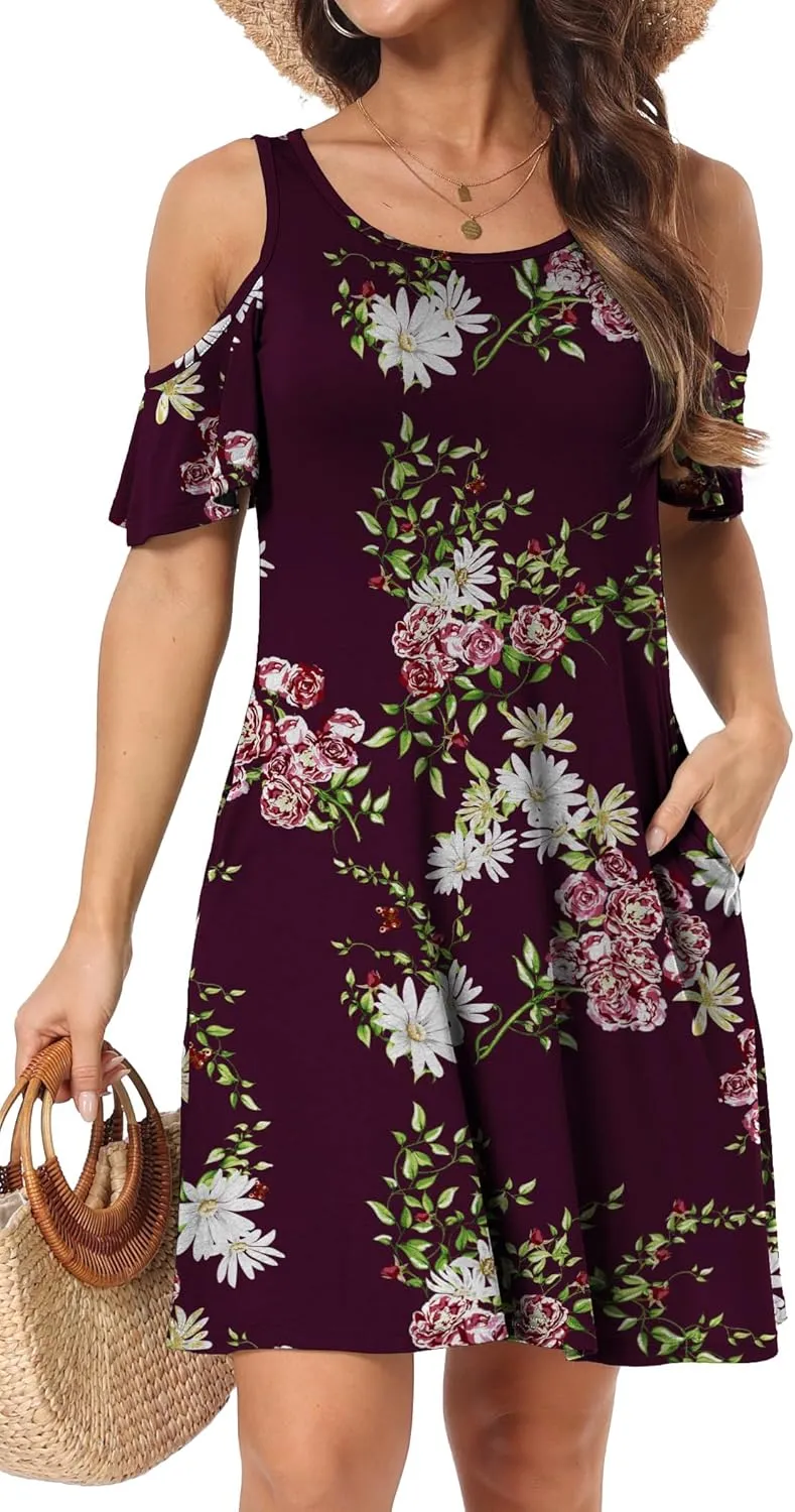 Short/Long Sleeve Women's Cold Shoulder Dress with Pockets Casual Swing T-Shirt Dresses