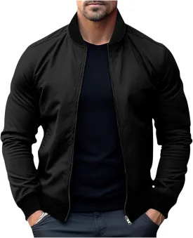 Stand Collar Bomber Jacket for Men Full Zipper Crop Coat Elastic Long Sleeve Outdoor Cardigan Outwear with Pokets